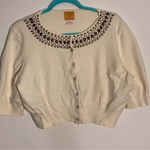 Ruby Rd Cream Cardigan with Embellished Neckline | Size XL | Elbow-length sleeve